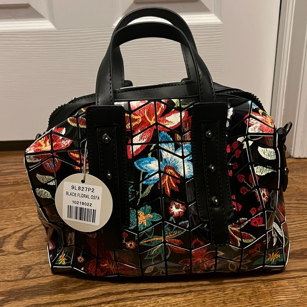 Patrizia Luca Black Floral Patterned Women's Tote Strap Crossbody Blue Lining.